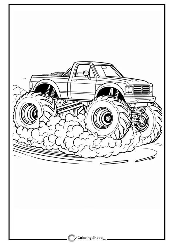 Coloring page of a monster truck creating a cloud of smoke from its tires.