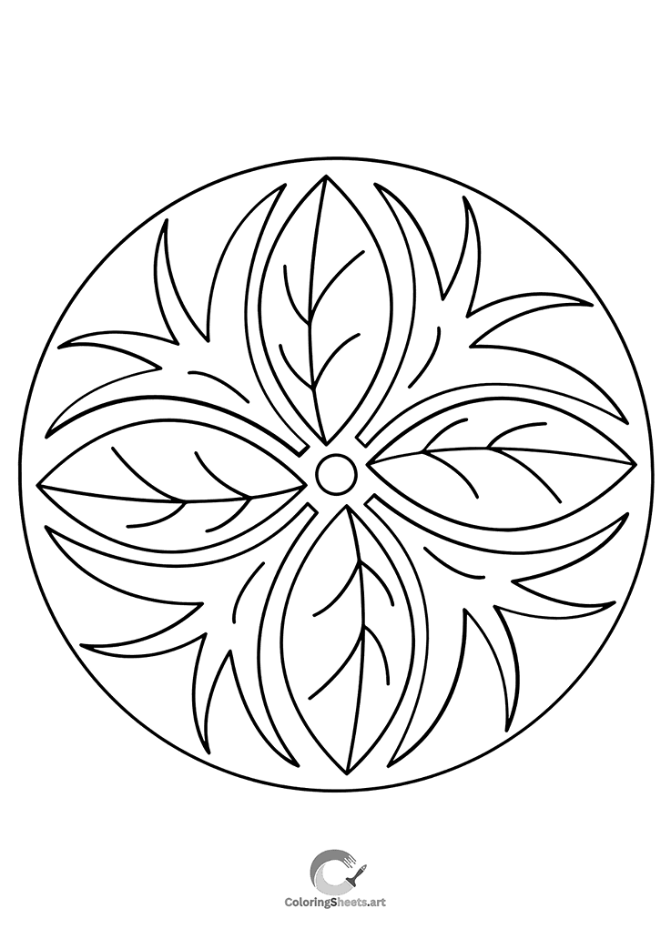 Peaceful mandala with four large leaf shapes for calm coloring.