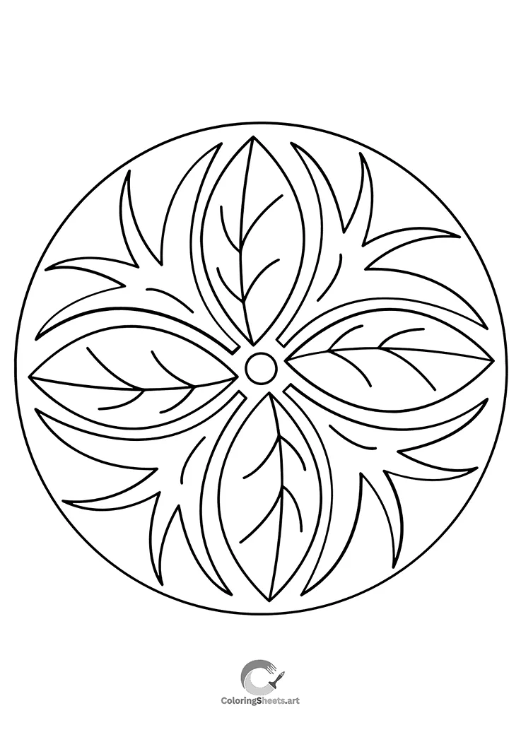 Peaceful mandala with four large leaf shapes for calm coloring.