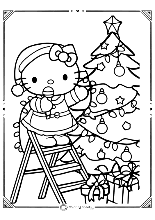 Hello Kitty decorating a tall Christmas tree while standing on a ladder.