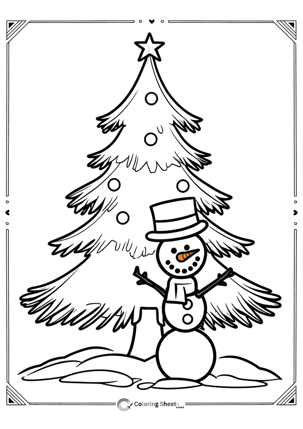 Happy snowman with scarf and decorated tree – joyful snow day coloring scene.
