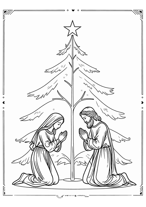 Mary and Joseph in peaceful prayer beside a Christmas tree.