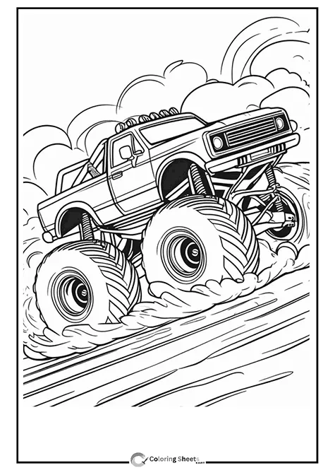 Dynamic coloring page of a monster truck sliding on a dirt track.