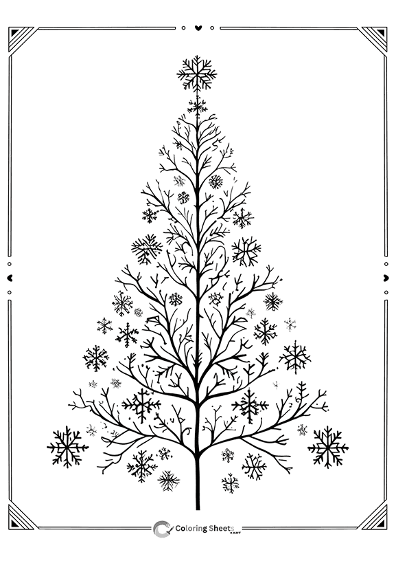 Simple and modern snowflake tree design for quick and calming coloring.