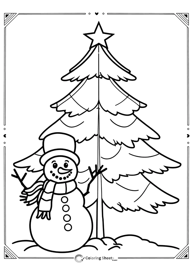 Friendly snowman smiling in front of festive tree – heartwarming holiday coloring design.