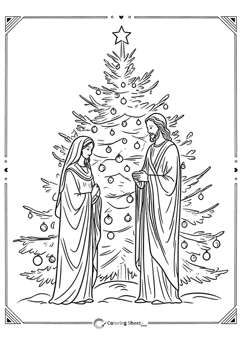 Jesus’s parents beside a beautifully decorated Christmas tree.