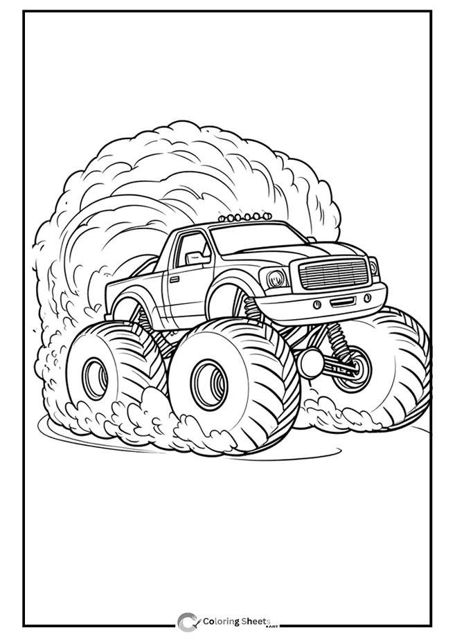 Coloring page of a powerful monster truck with a large cloud of smoke behind it.