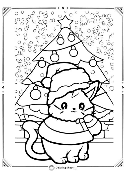 A kawaii Christmas cat with a Santa hat in front of a twinkling tree.