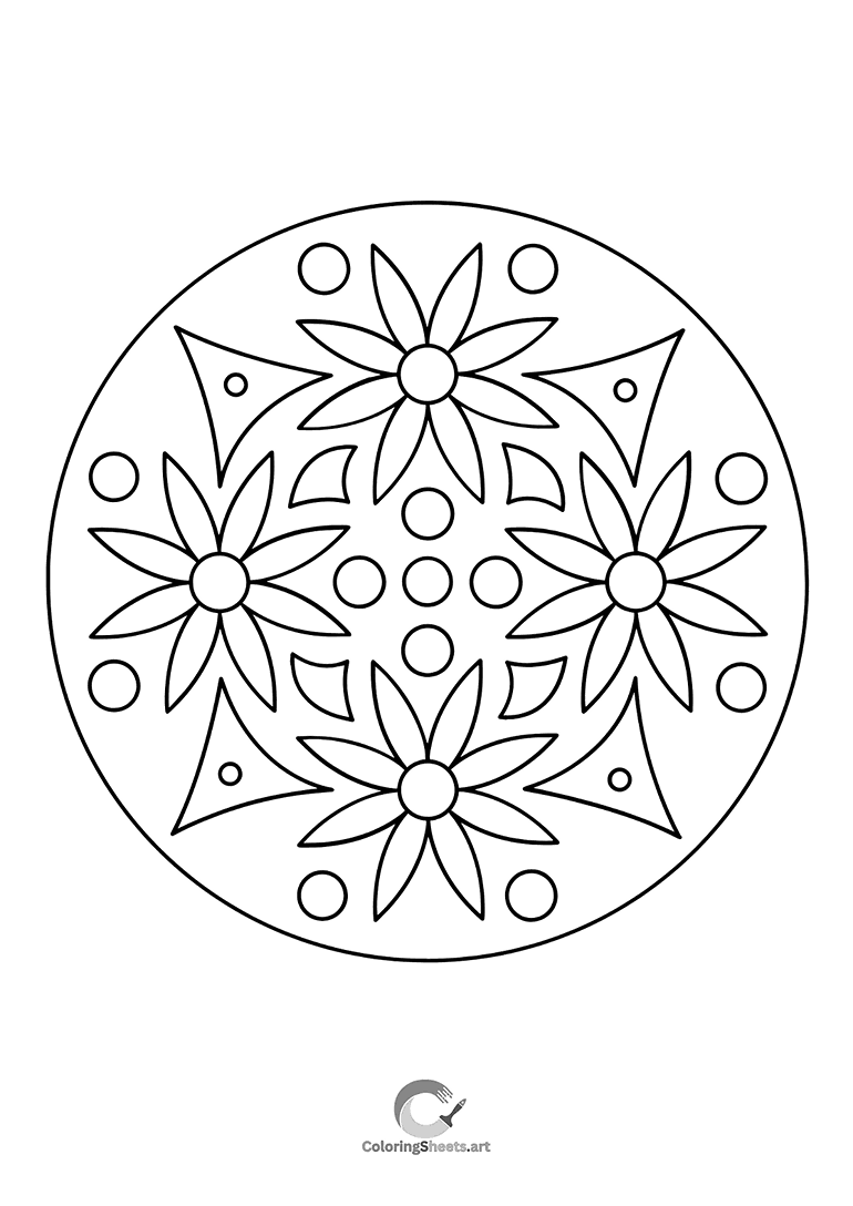 Symmetrical flower mandala with dots, ideal for beginners and kids.