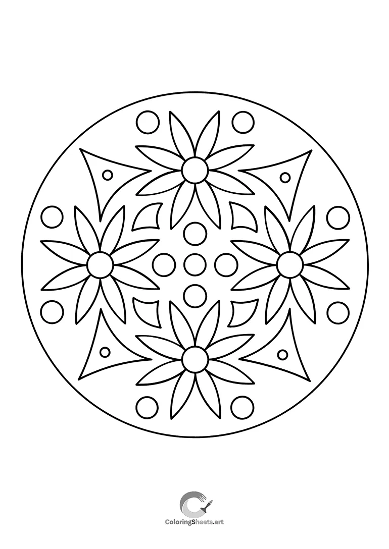 Symmetrical flower mandala with dots, ideal for beginners and kids.