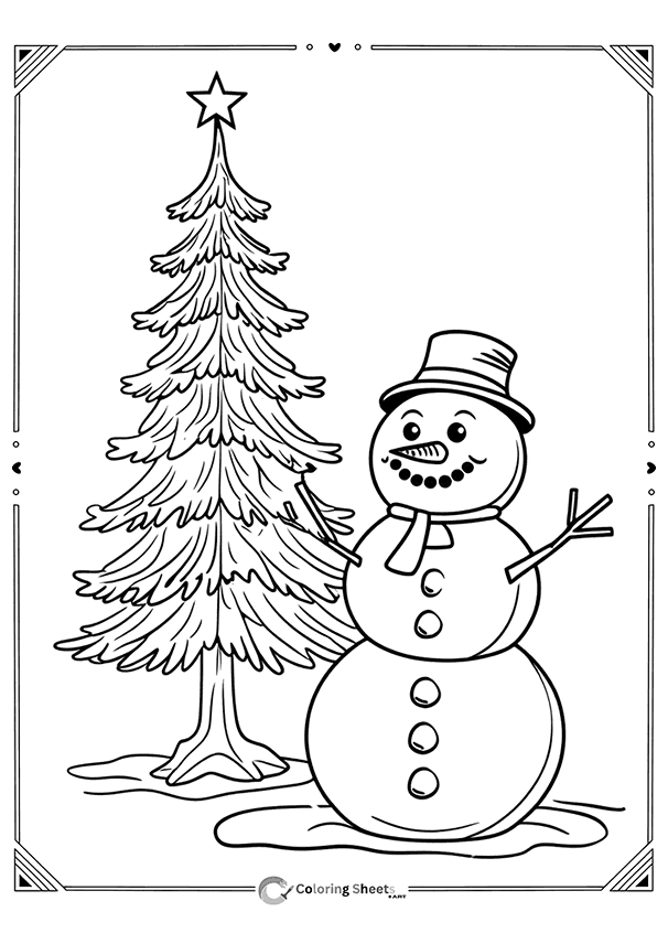 Close-up of snowman beside detailed pine tree – intricate Christmas coloring challenge.
