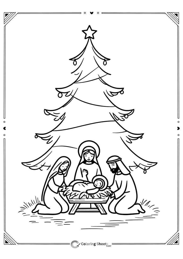 Nativity scene with Holy Family beneath a Christmas tree.
