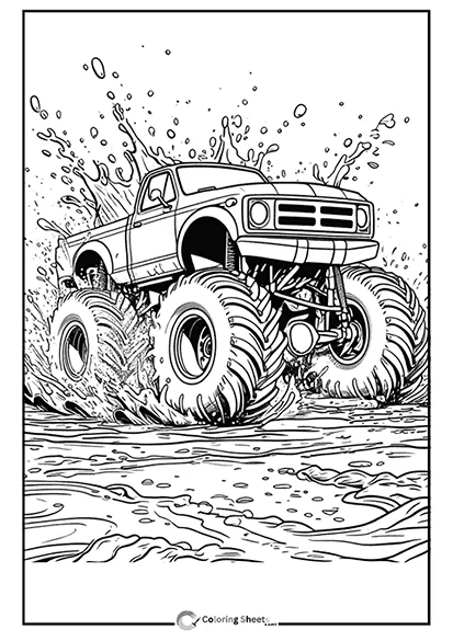 Exciting coloring page of a monster truck splashing into water.