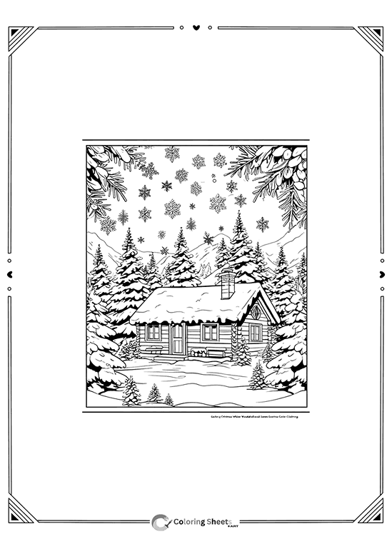 Log cabin in a snowy forest surrounded by trees and gentle snowfall.