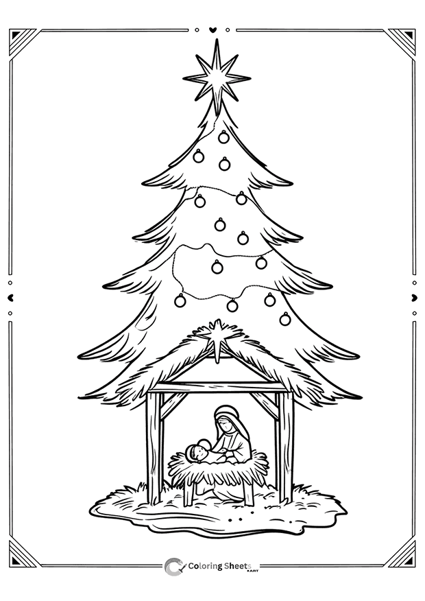 Manger scene with baby Jesus under a tall Christmas tree.