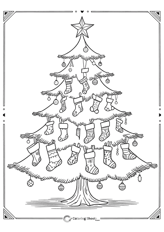 Christmas tree with lots of hanging stockings – creative stocking-themed coloring activity.