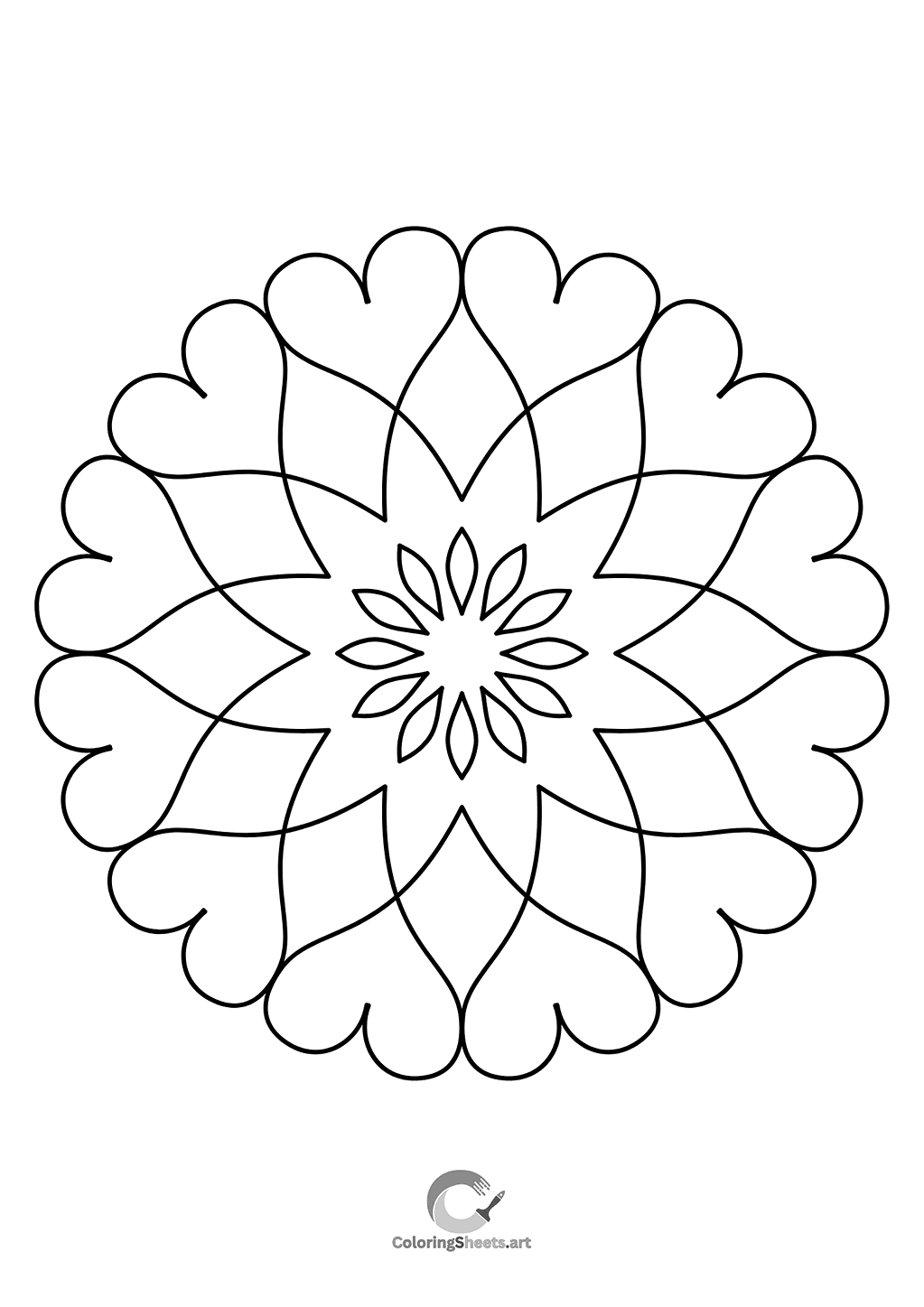 Romantic mandala with heart-shaped petals to color with love.