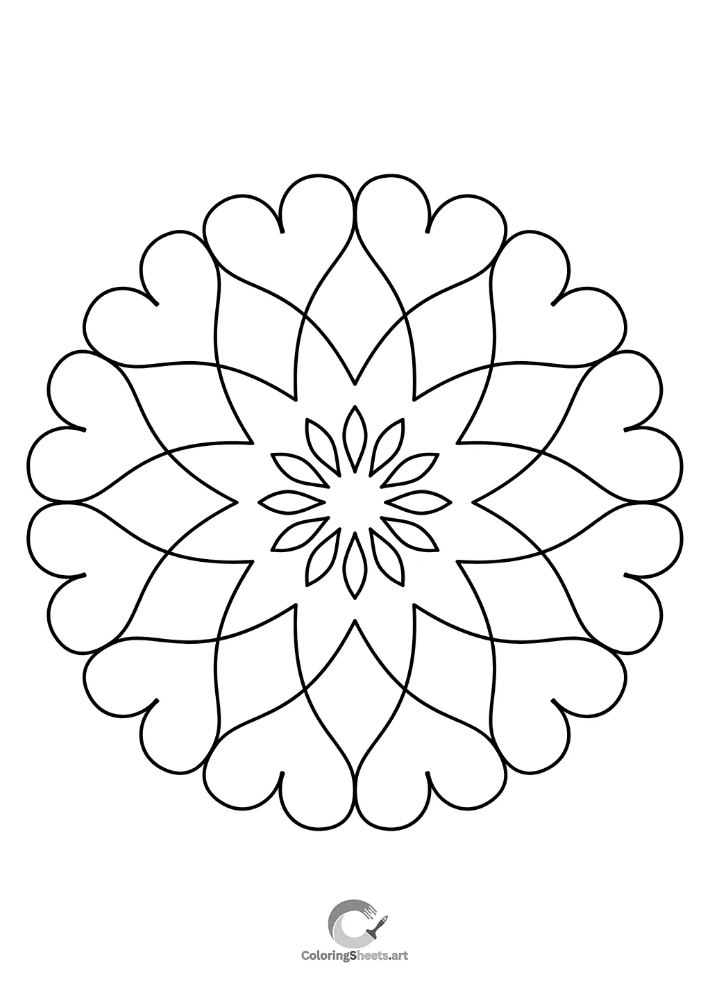 Romantic mandala with heart-shaped petals to color with love.