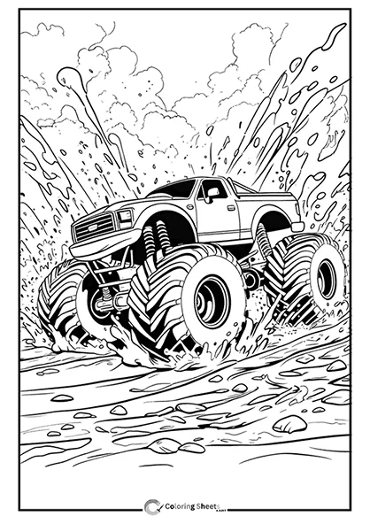 Off-road adventure coloring page of a monster truck going through muddy water.