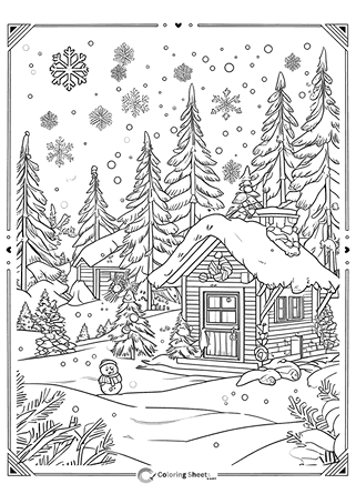 Festive cabin and snowman scene in a snowy Christmas setting.
