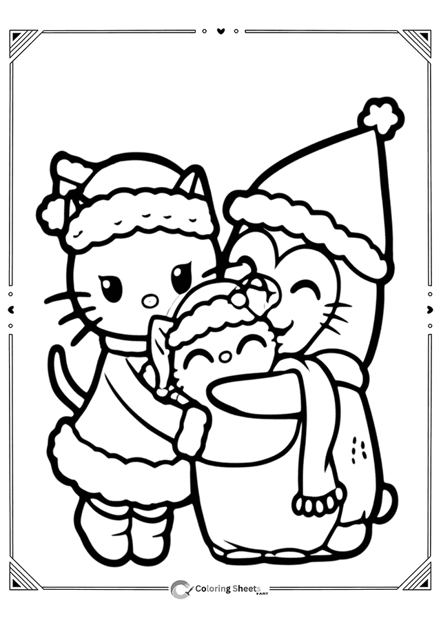 Hello Kitty sharing a warm Christmas hug with a friend.