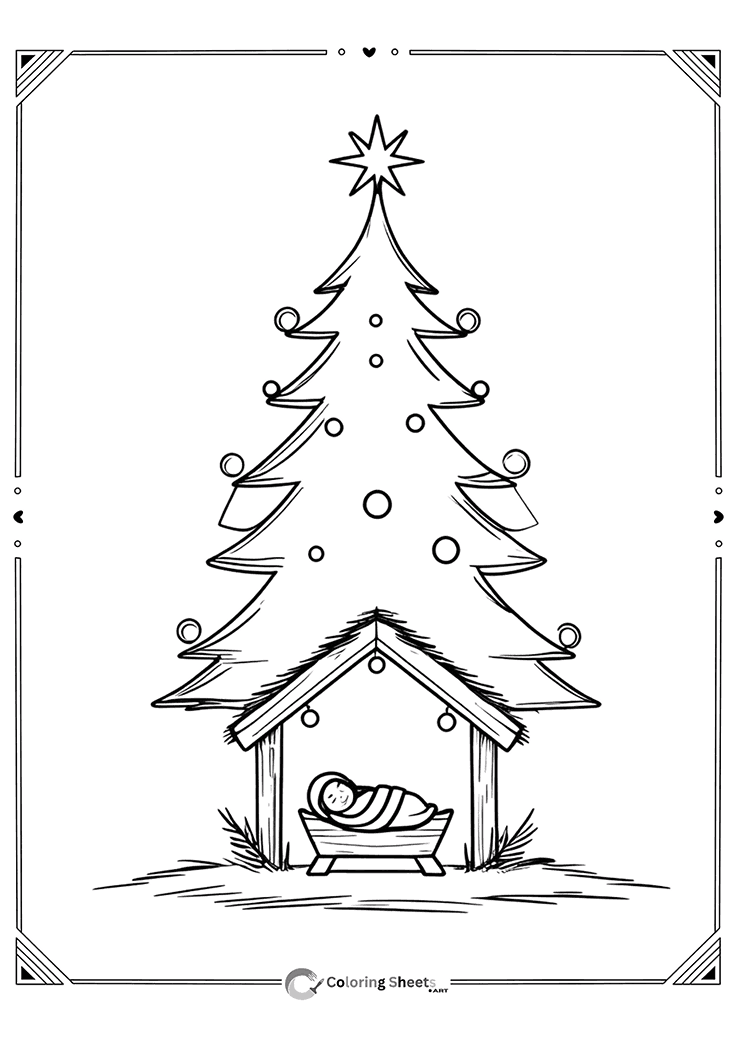 Baby Jesus resting in a manger under a decorated tree.