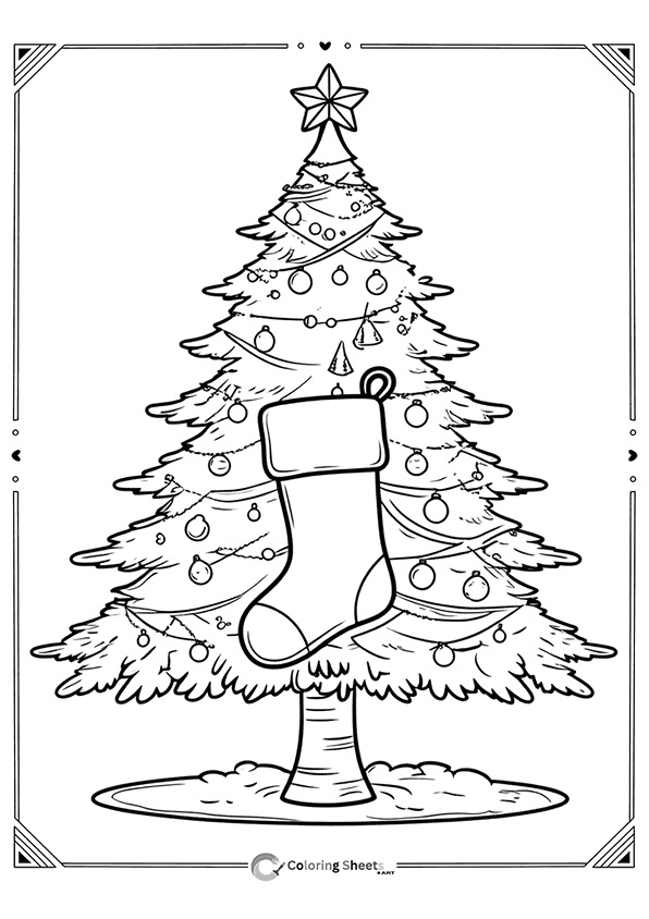 Tree decorated with one big Christmas stocking and lights – cozy holiday coloring idea.
