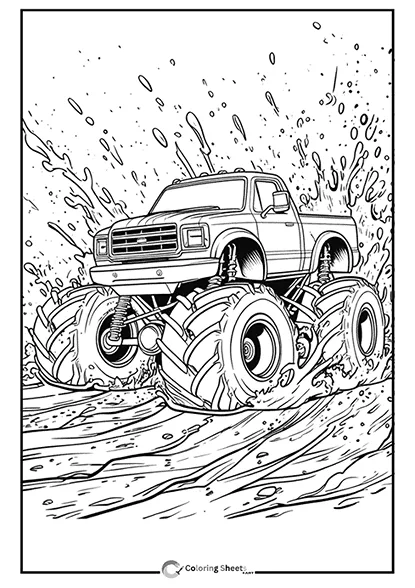 Coloring page of a classic monster truck driving through mud and splashing water.