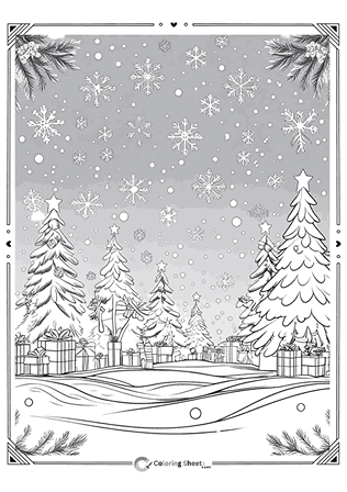 Christmas presents under snow-covered trees in a magical holiday forest.