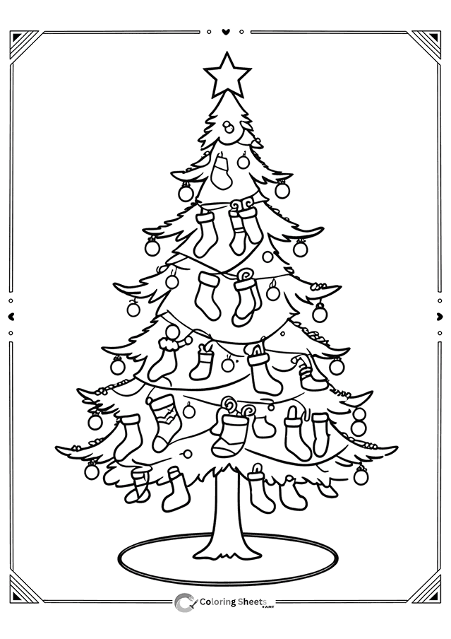 Christmas tree wrapped in stocking garlands – playful and detailed festive coloring fun.