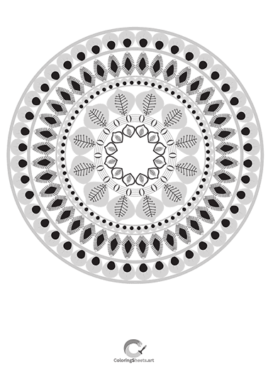 Mandala combining leaf motifs and circular patterns.