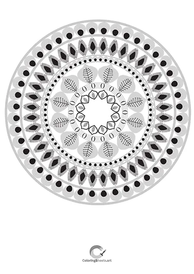 Mandala combining leaf motifs and circular patterns.