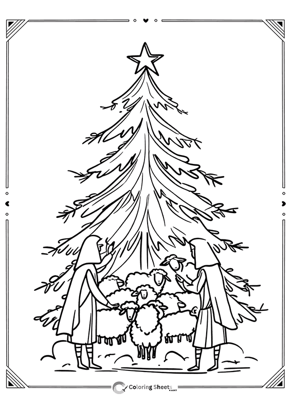 Shepherds and their sheep gathered at a Christmas tree.