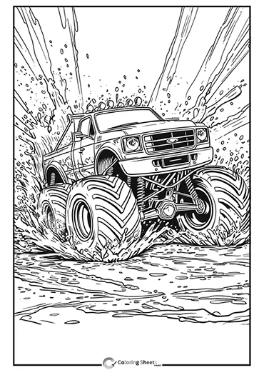 Action coloring page of a monster truck speeding through water.