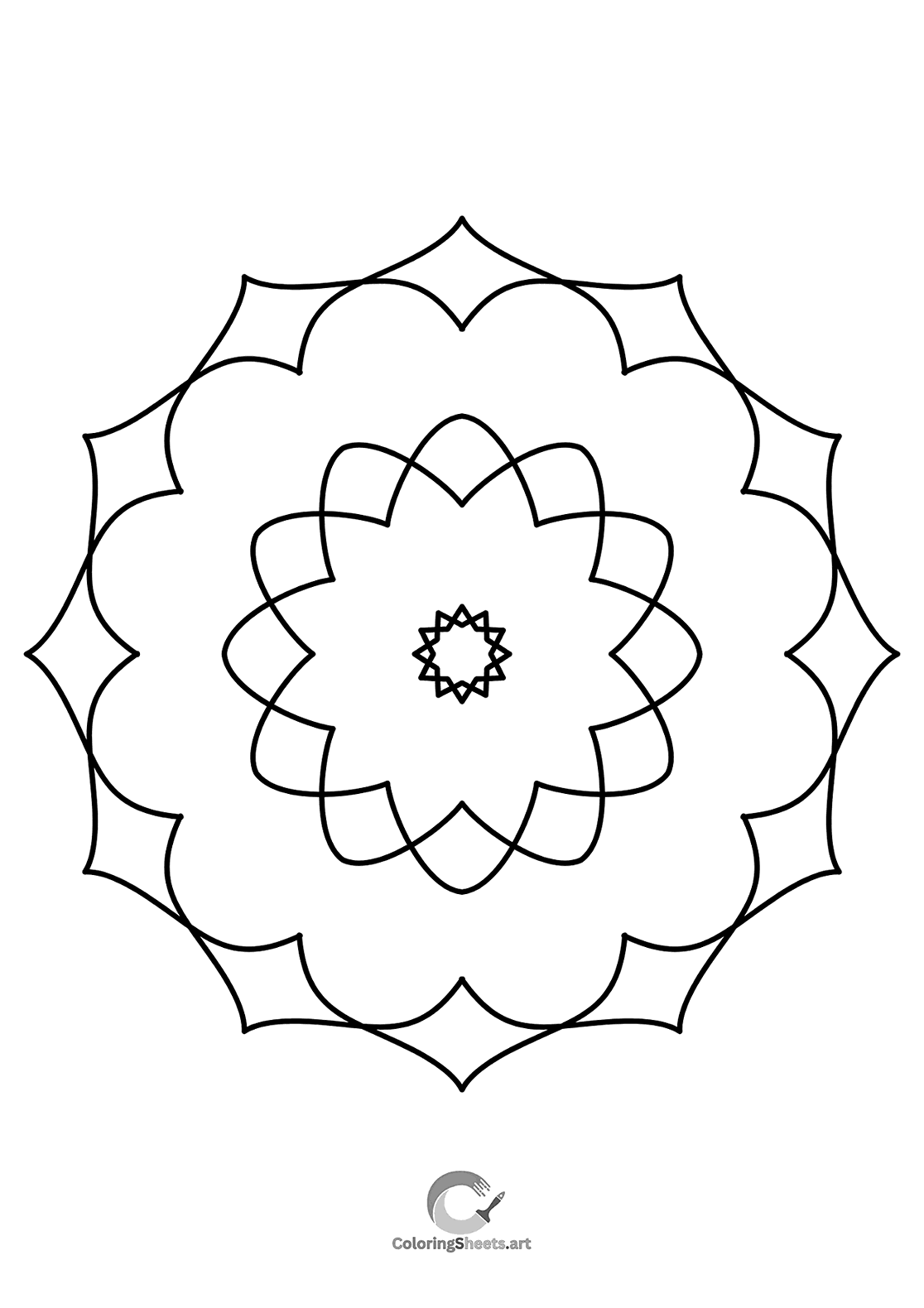 Easy mandala with scalloped floral layers, soft and gentle in design.