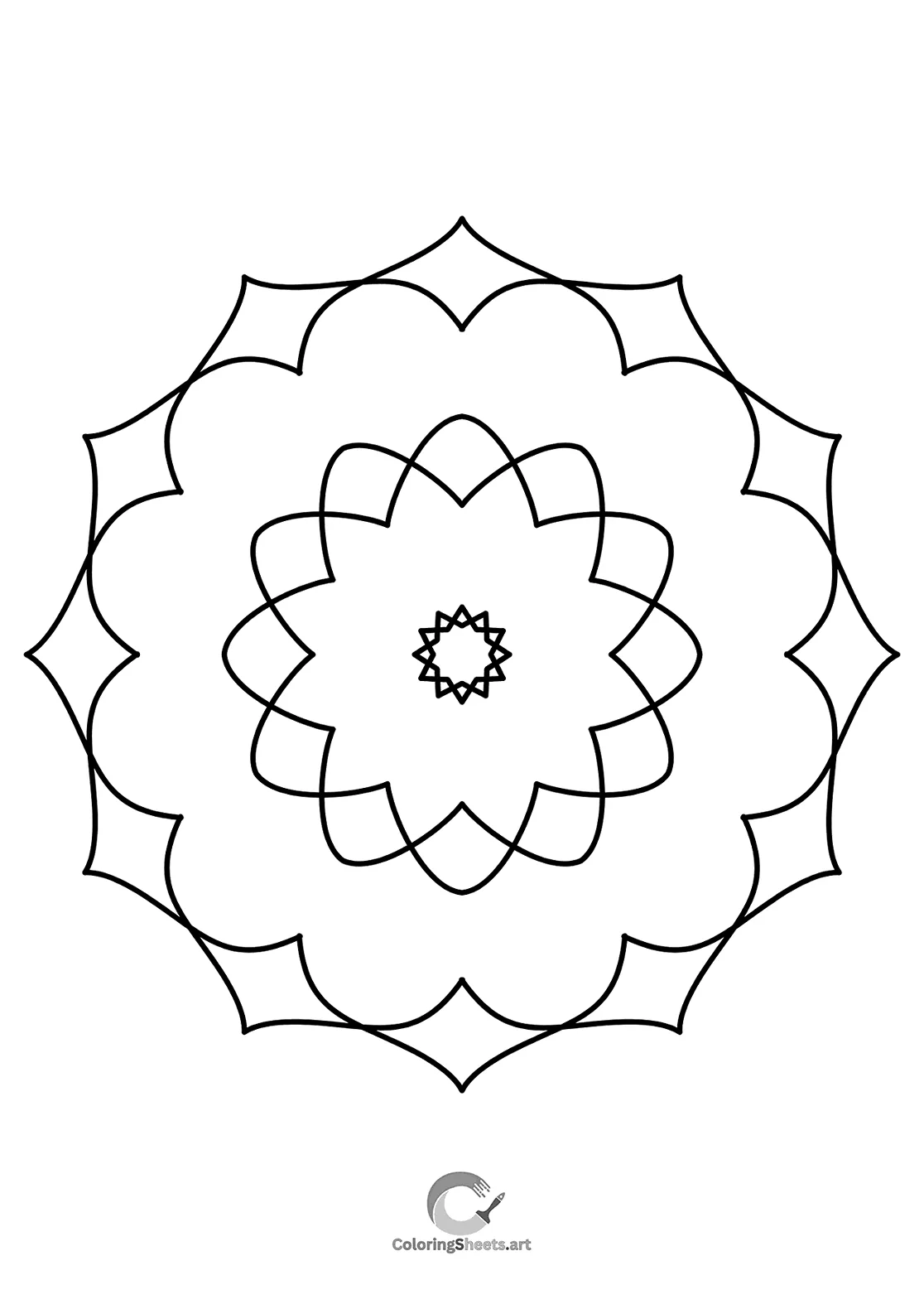Easy mandala with scalloped floral layers, soft and gentle in design.