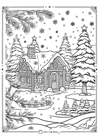 Charming cottage with snow-covered roof, forest trees, and holiday décor.