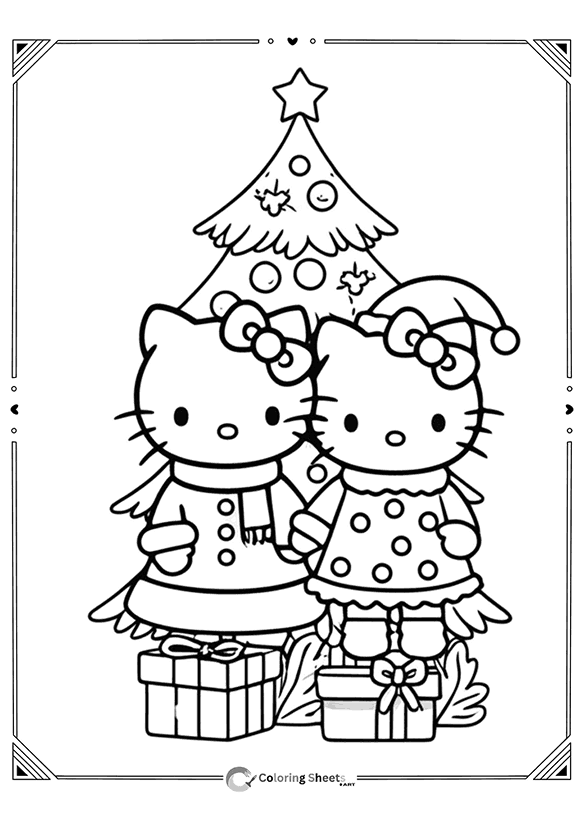 Hello Kitty and her twin Mimmy celebrating Christmas by the tree.