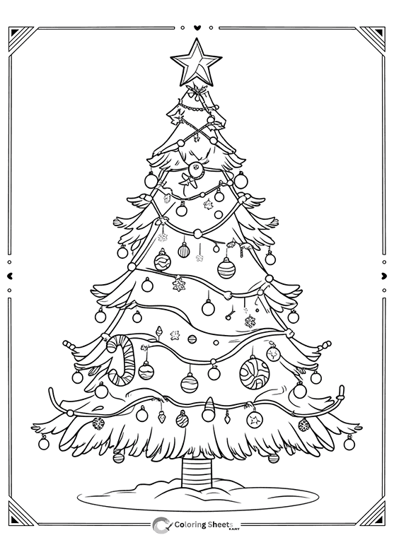 Tree decorated with star, ornaments, candy canes, and snowflakes – full-feature Christmas page.