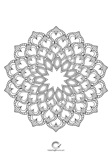 Cute heart-filled mandala to color with affection.
