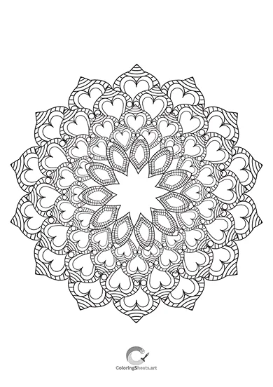 Cute heart-filled mandala to color with affection.