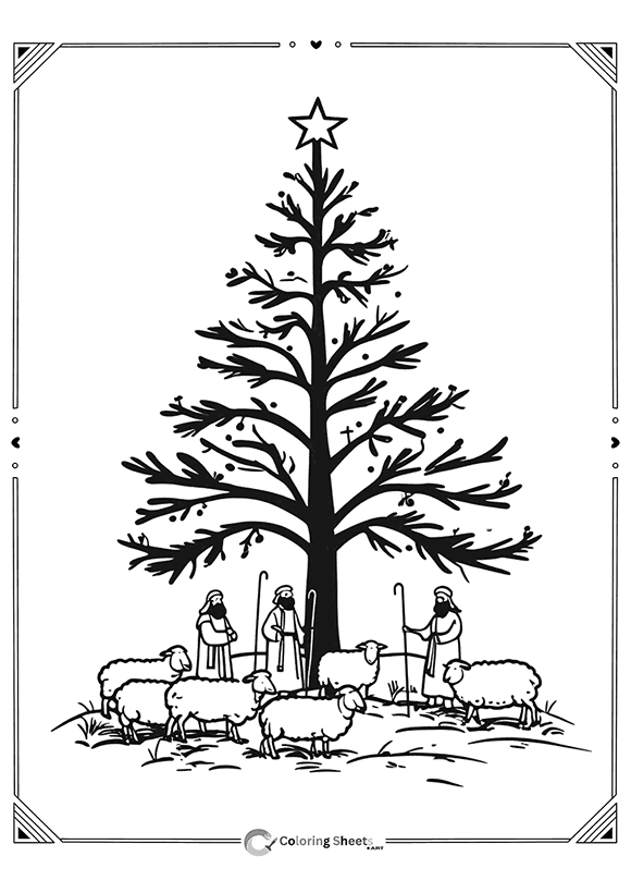 Shepherds and flock around a Christmas tree—coloring scene.