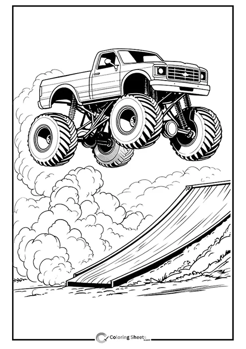 Coloring page of a monster truck launching into the air from a ramp with smoke.
