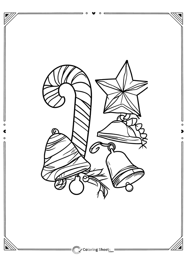 Collection of holiday ornaments including bells, candy canes, and stars.