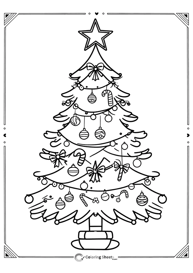 hristmas tree with candy canes and bows – joyful treats coloring for kids and teens.