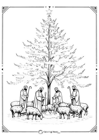 Detailed shepherd scene under a large pine tree.