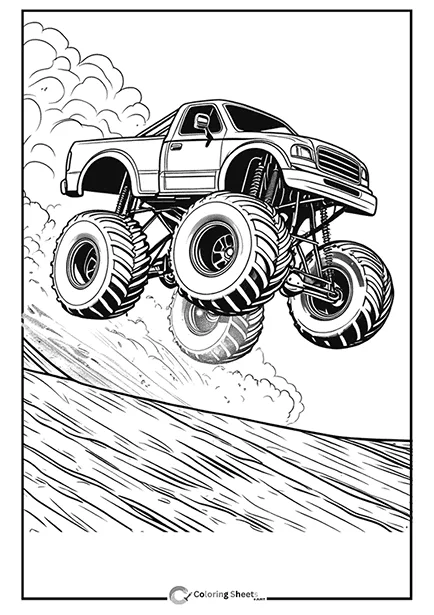 Coloring page of a monster truck flying through the air over a hill.