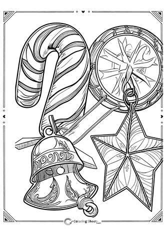 Highly detailed Christmas ornaments like bells and stars for intricate coloring.