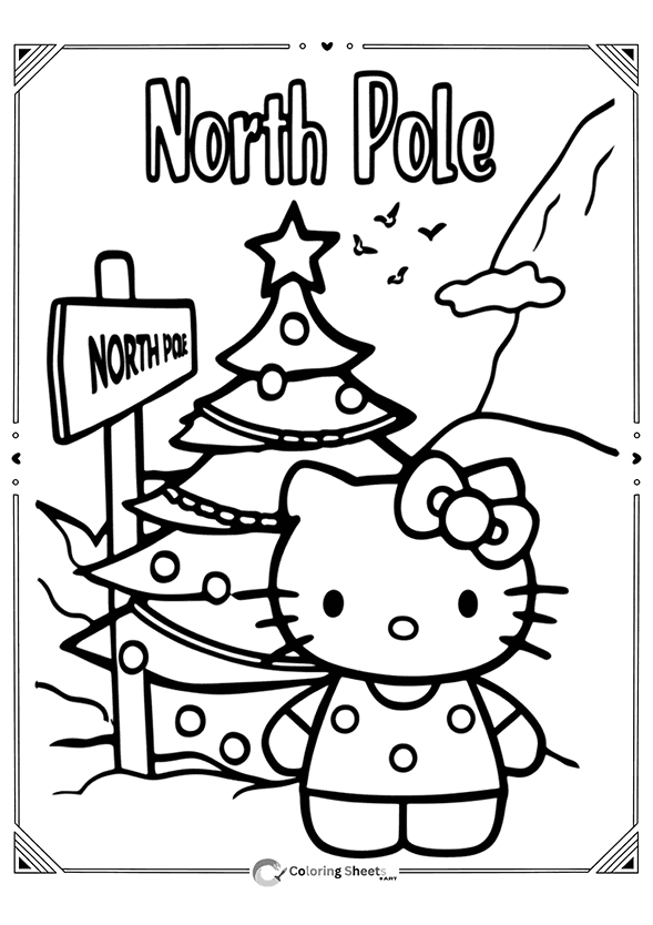 Hello Kitty at the North Pole with a snowy Christmas backdrop.