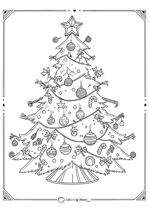 Intricate tree with bows, ornaments, candy, and holly – detailed Christmas design to color.